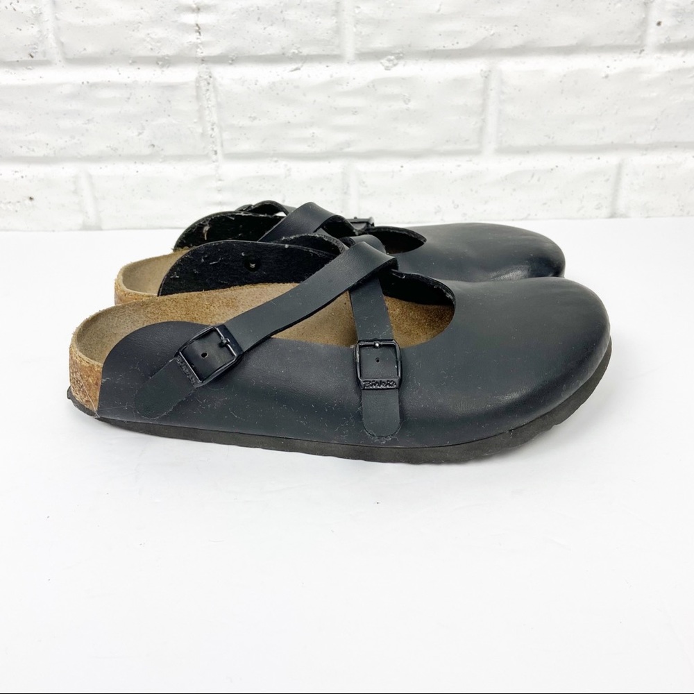 BIRKI’S Leather Cork sole slip on mule shoes